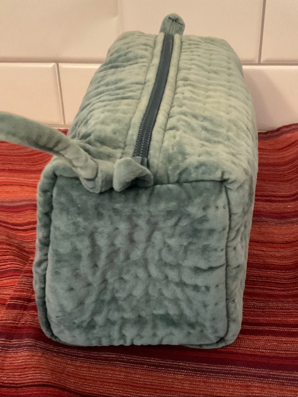 Pottery Barn Plush Quilted Cosmetic Toiletry Bag in Sage Green